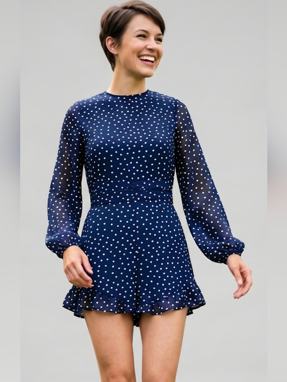 H&M Polka Dot Lightweight Long-sleeved Keyhole Romper / Sz 2 / Navy blue, white